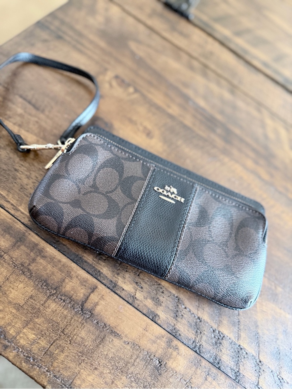Coach Brown Signature Canvas Wristlet with Leather Trim